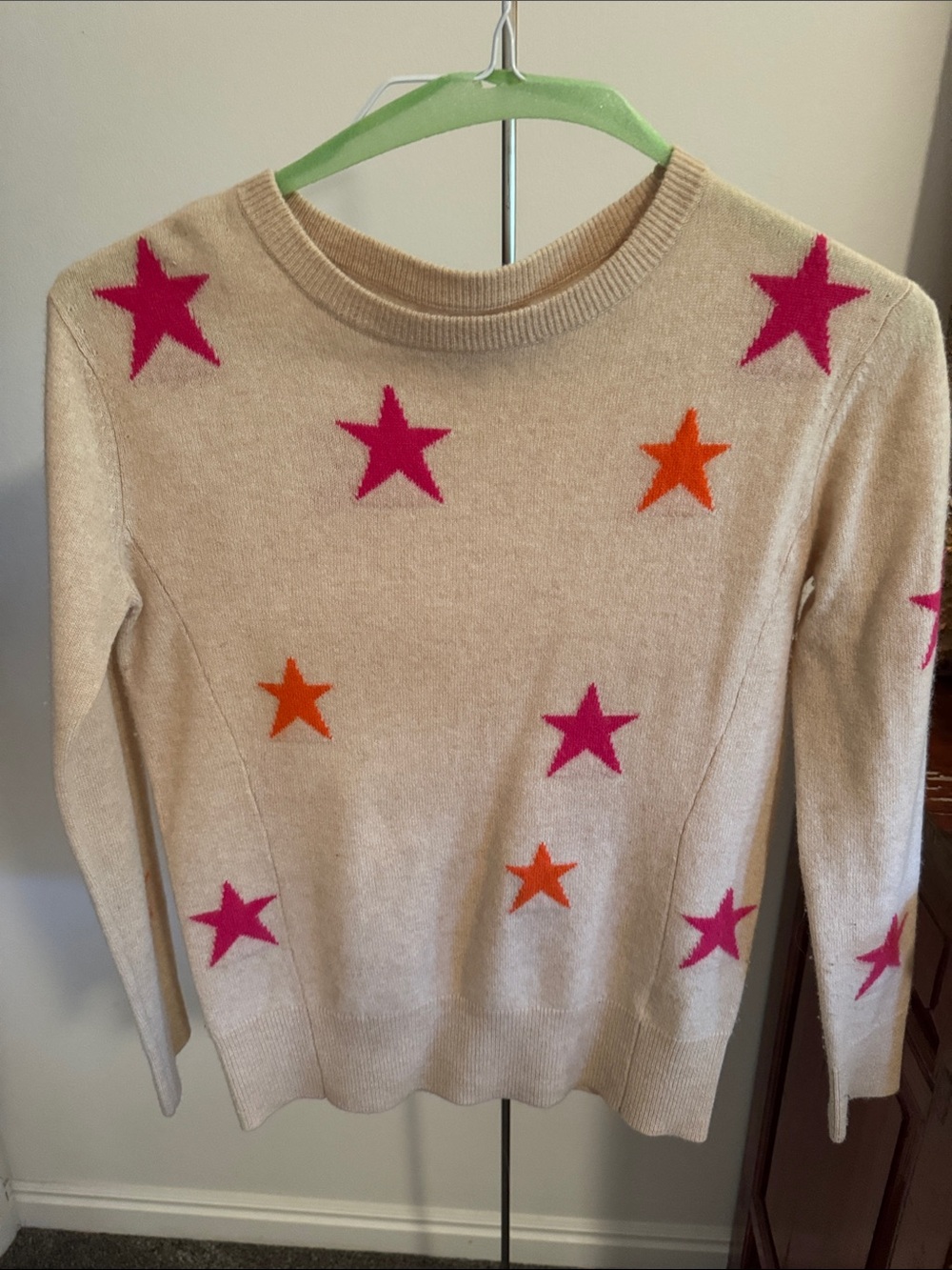 Philosophy Cashmere Cream Crewneck Sweater with Pink & Orange Stars